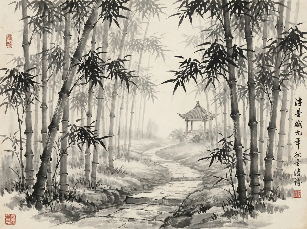 澳门皇冠官网金沙国际竹林小径水墨画展示宁静禅意