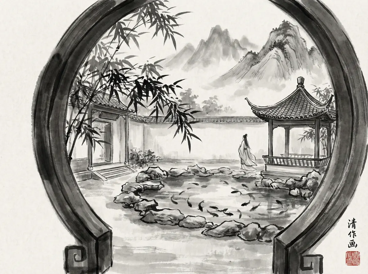 澳门皇冠官网水墨风格中式园林酒店庭院全景