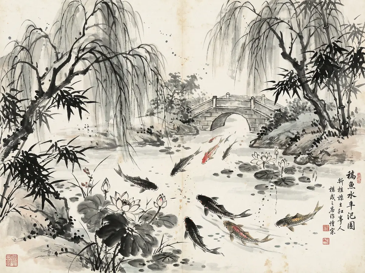 澳门皇冠官网金沙国际锦鲤池水墨画展示东方园林元素