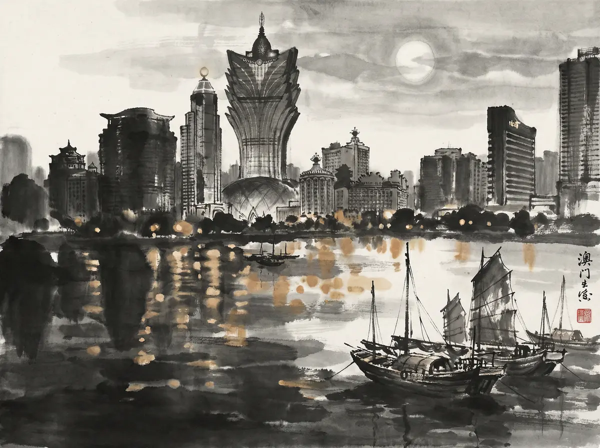 澳门皇冠官网澳门夜景水墨画展示新葡京与城市天际线