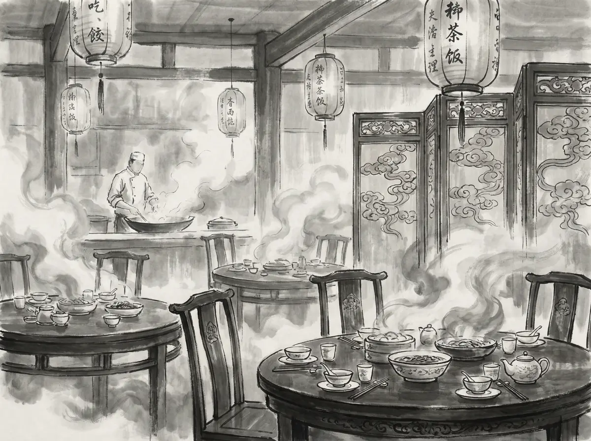 澳门皇冠官网墨香食府水墨风格中餐厅内景展示传统瓷器餐具与雕花屏风